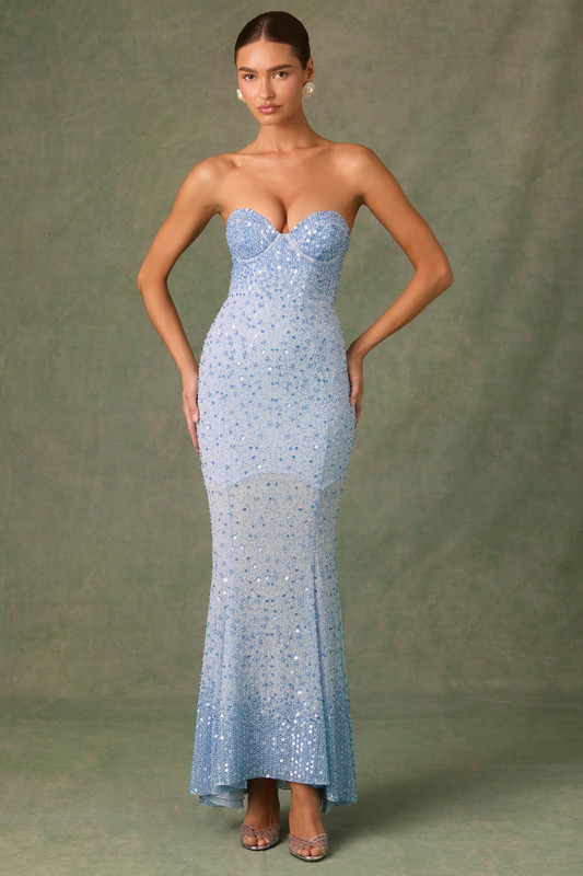 Embellished Sweetheart-Neck Fishtail Gown in Sky Blue - UK Size:10 - Cup Size:Plus Cup